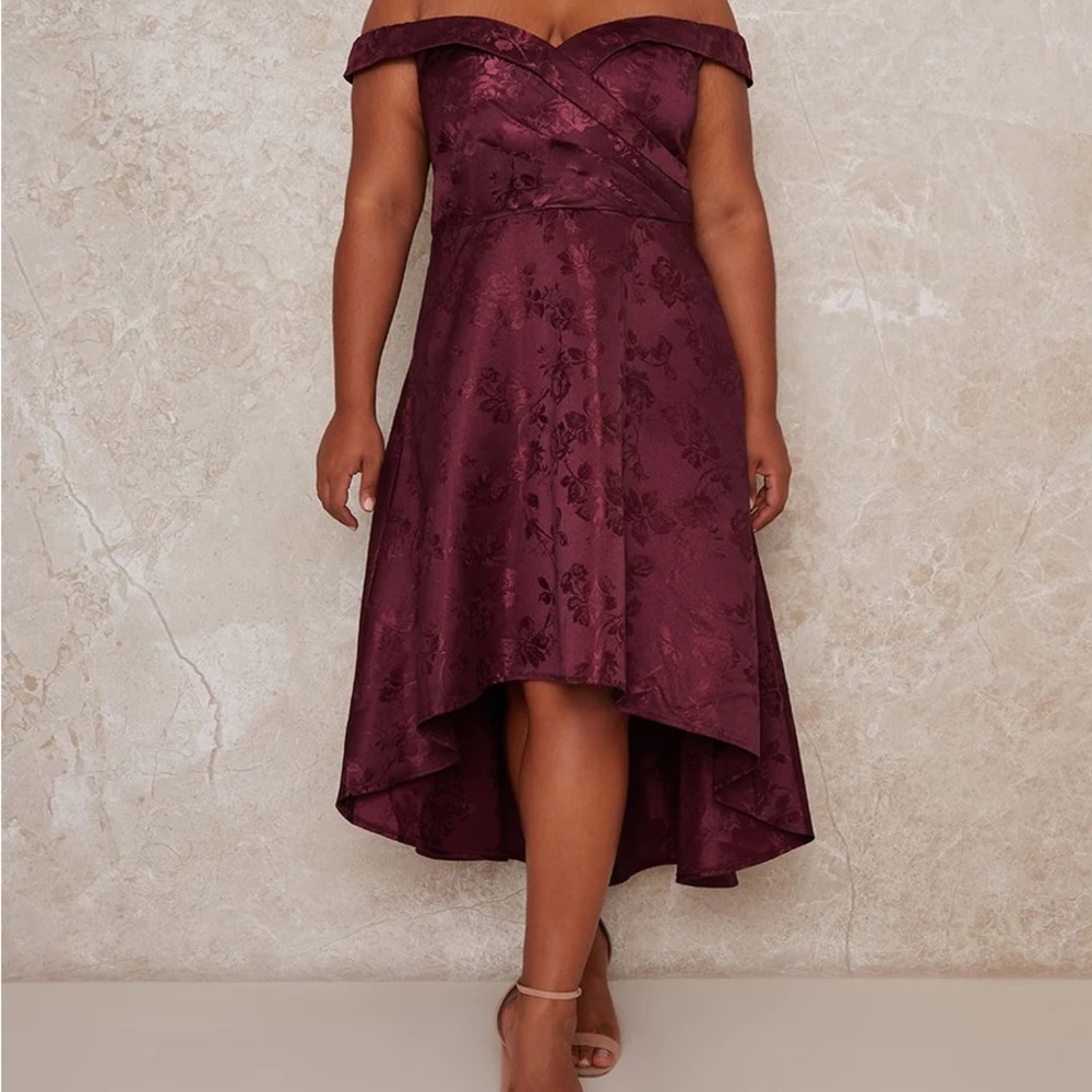 Chi Chi London Curve Bardot Midi Red Jacquard Party Dress Size 20
